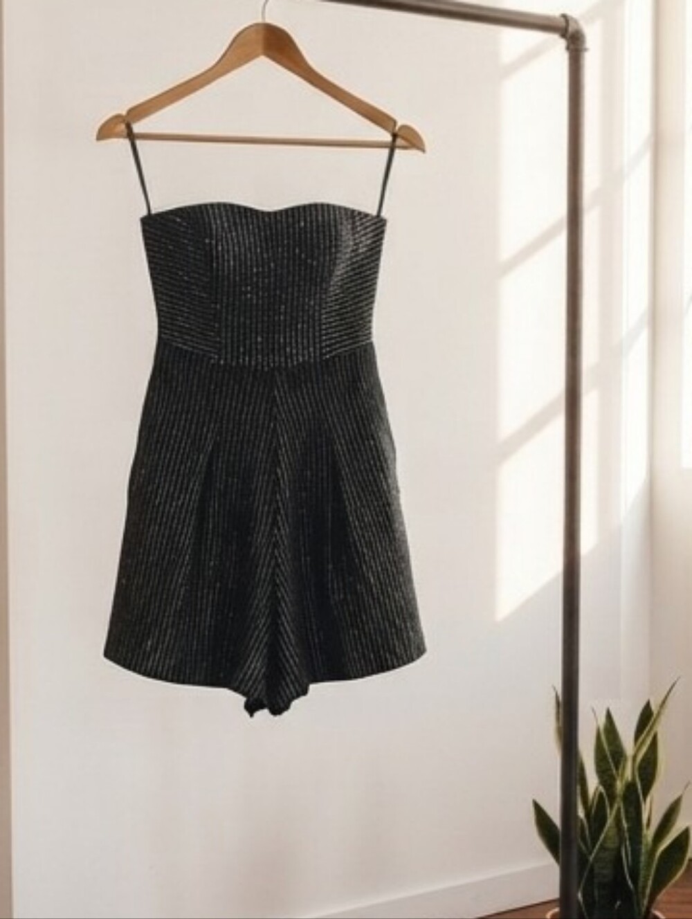 Lucy in the Sky Black Strapless Romper with Metallic Pinstripes